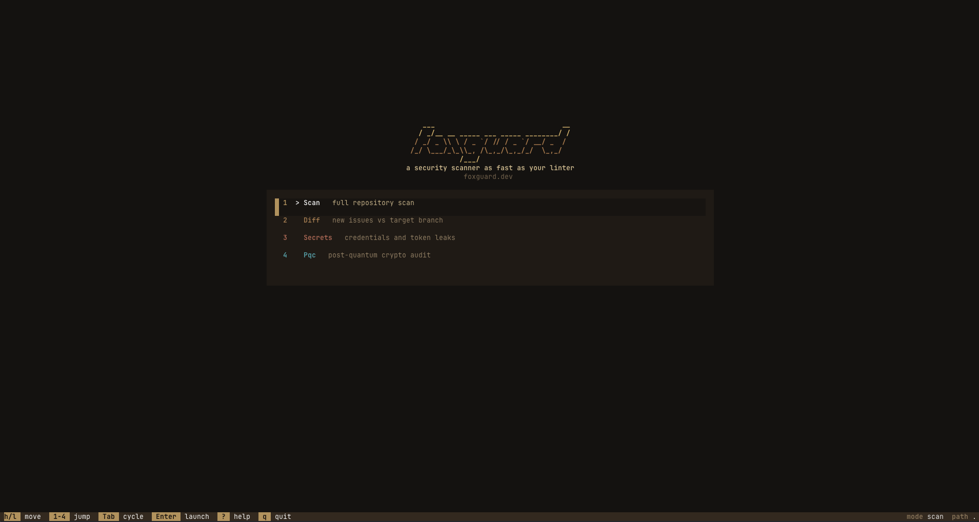 foxguard TUI launcher with four cards: Scan, Diff, Secrets, and Pqc