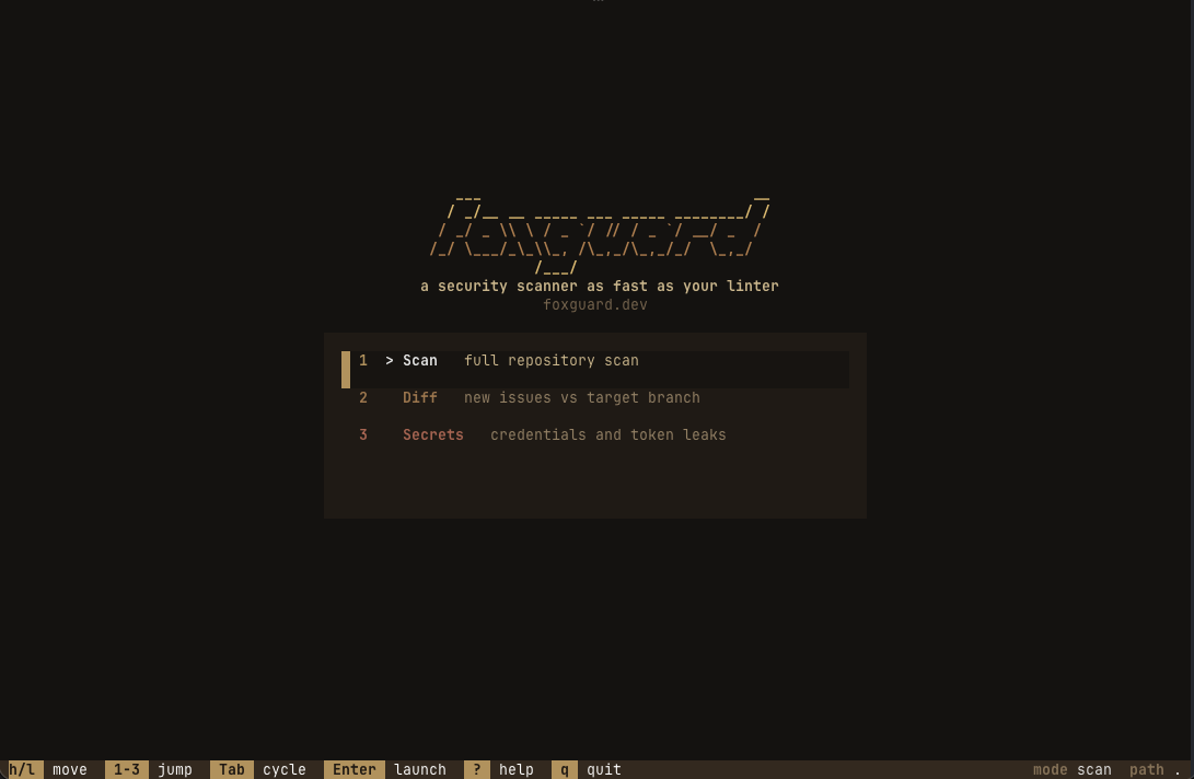 foxguard TUI launch picker with Scan, Diff, and Secrets modes