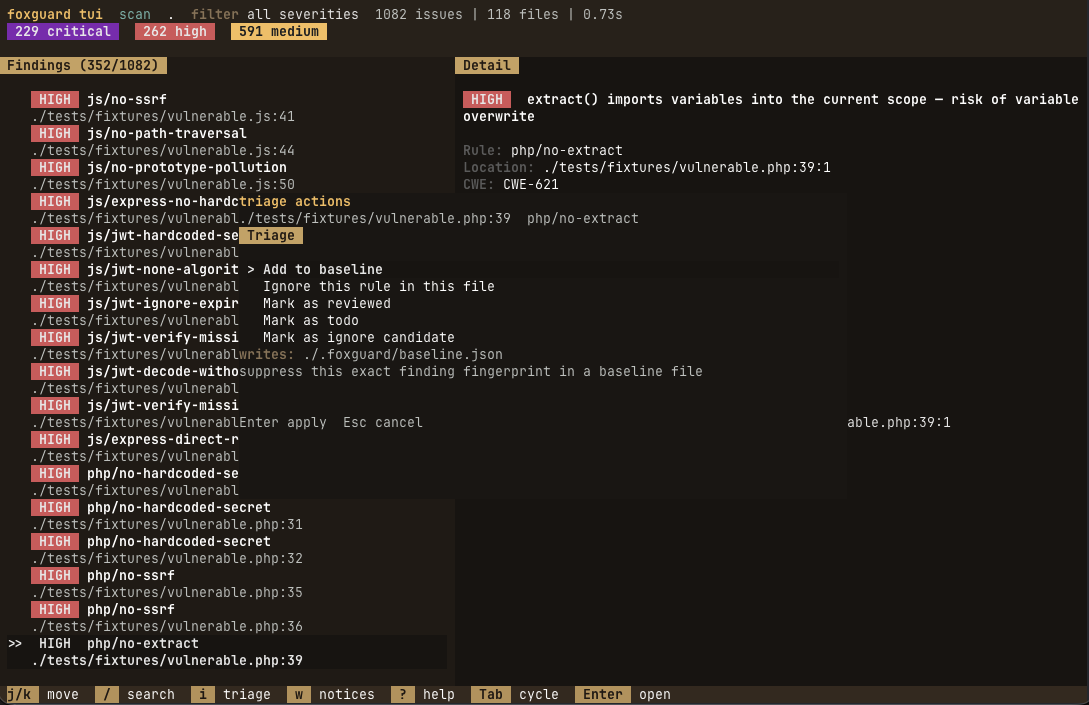 foxguard TUI triage popup with review, baseline, and ignore actions